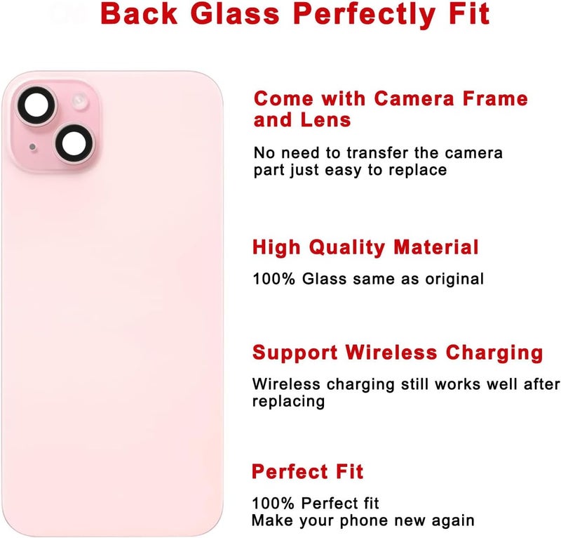 Perzework Rear Back Glass Replacement for iPhone 15 Plus 6.7-inches with Reparing Tool Kit and All Necessary Parts (Pink) - Image 3