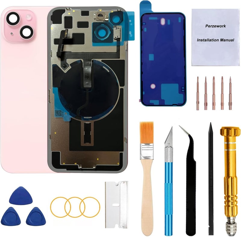 Perzework Rear Back Glass Replacement for iPhone 15 Plus 6.7-inches with Reparing Tool Kit and All Necessary Parts (Pink) - Image 1