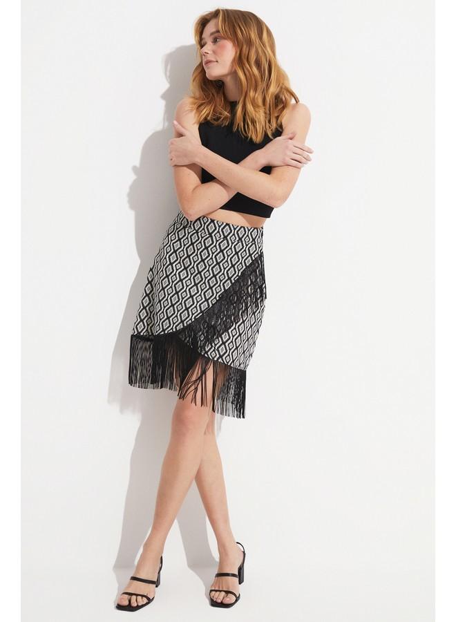 جون جيبة قصيرة نسائية قطن 100% بتصميم مزدوج الصدر وشراشيب - أسود - Image 1