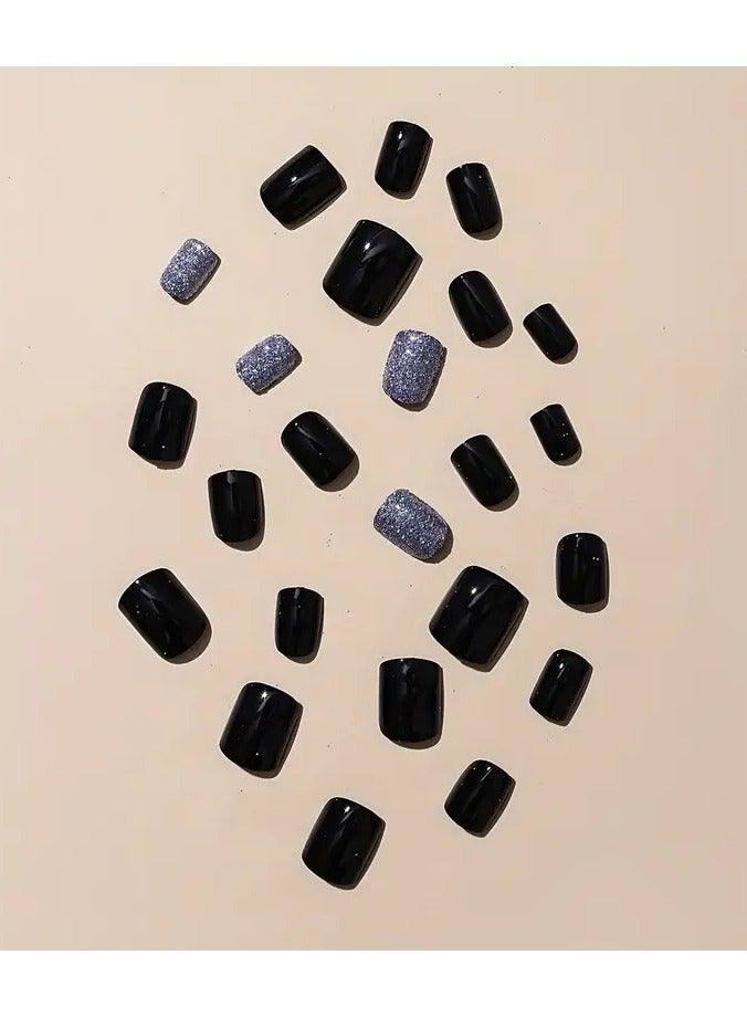 ORiTi 24pcs Pure Black Nails, Solid Color Press On Nails With Bling Glitter Design, Glossy Full Cover Short Square False Nails For Women And Girls, Christmas Nails  - Image 2