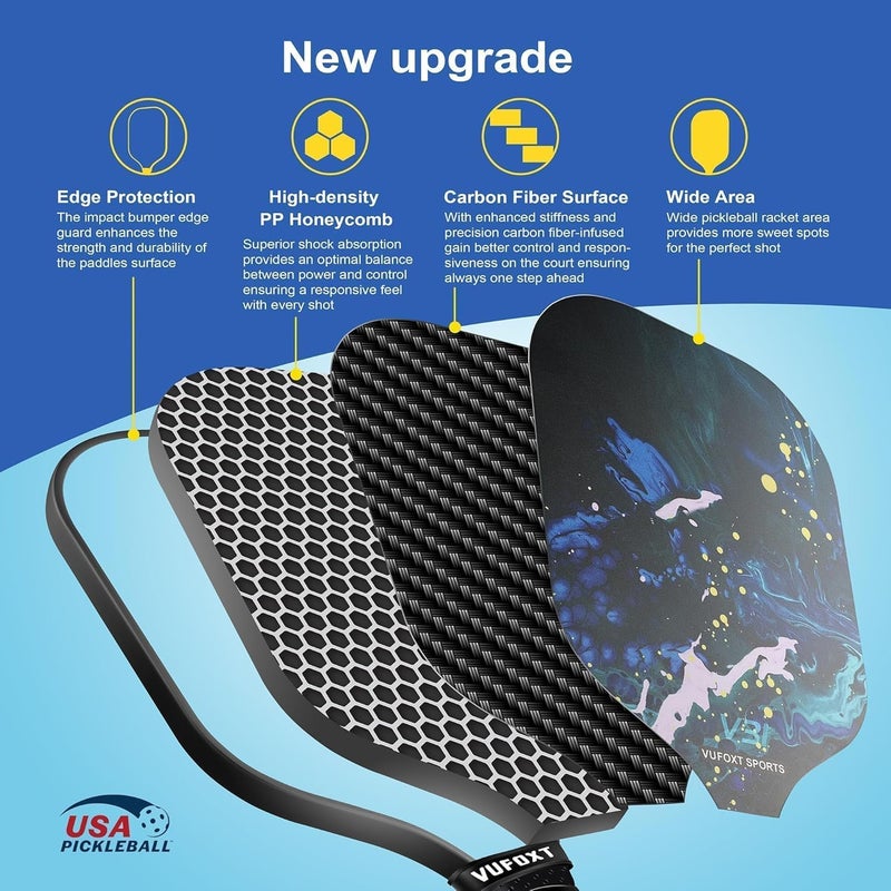 VUFOXT Pickleball Paddles Set of 2 with Carry Bag and 4 Balls - USAPA Approved Carbon Fiber Surface - Image 2