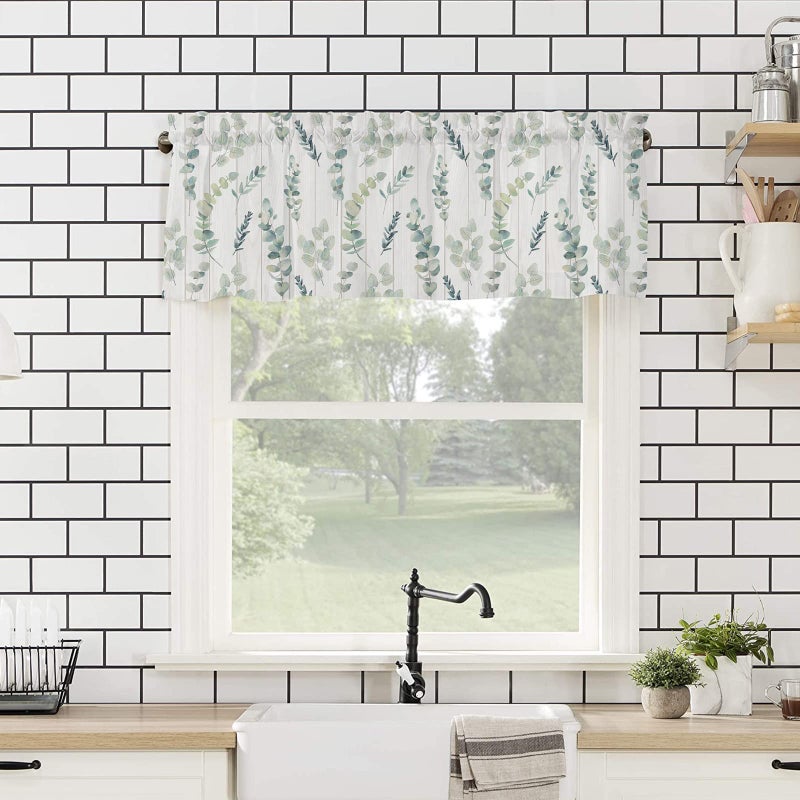 SHAPTOY Farmhouse Eucalyptus Leaf Kitchen Stertains forends for Windows Spring Summer Secrous Green Leaves Rod Pocket Valance Window. - Image 4