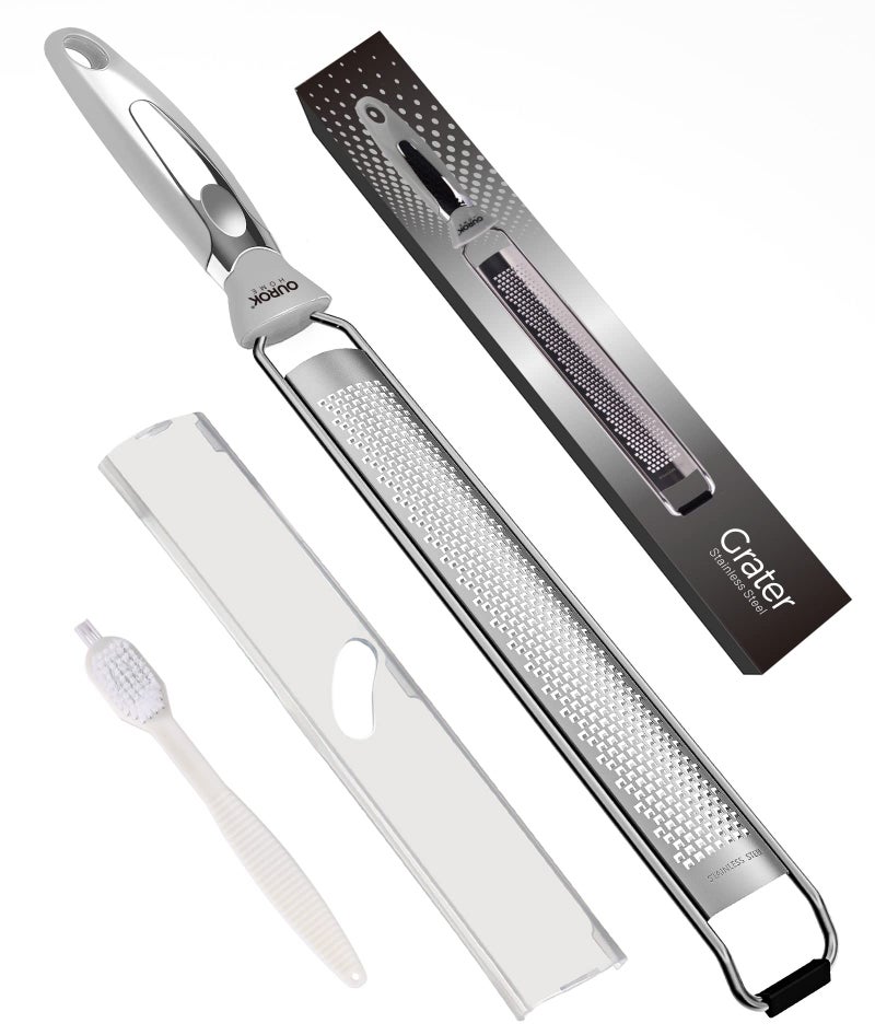 Ourokhome Kitchen Lemon Zester Stainless Steel Hand Held Parmesan Cheese Grater for Ginger Chocolate Coconut Lime Nutmeg Citrus Fruit Vegetable with Cleaning Brush Dishwasher safe Gray