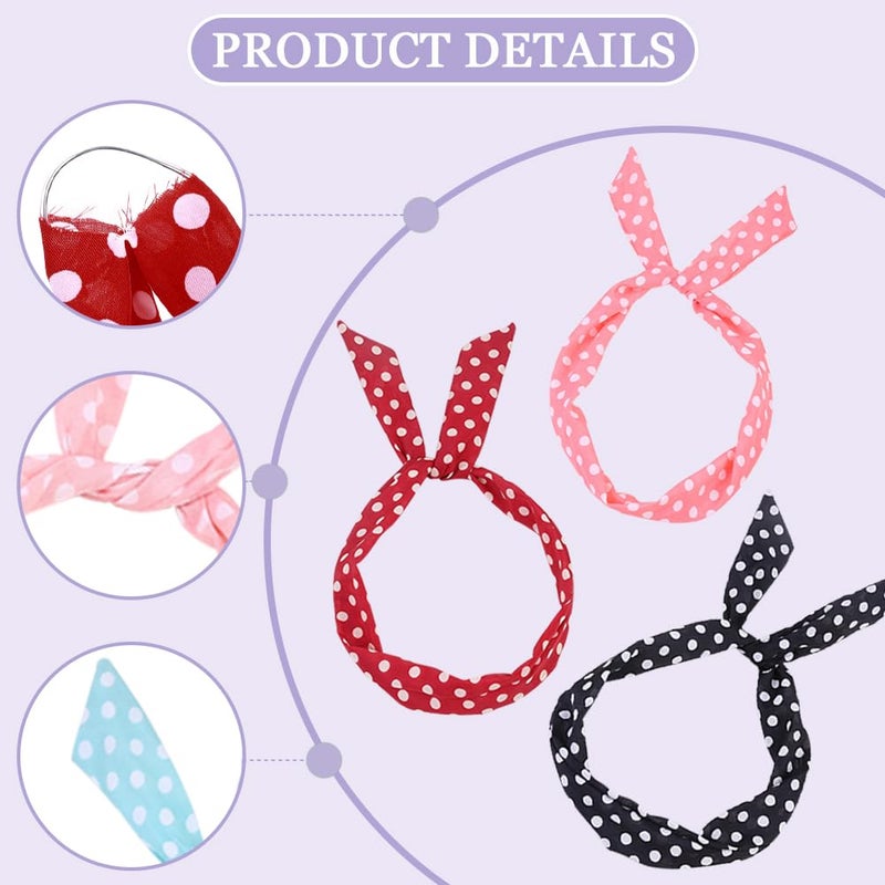 TRKETK 6 Pieces Polka Dot Headbands Rock 'n' Roll Polka Dot Christmas Headband Vintage Print Accessory Adjustable Hair Belt with Bow Tie for Girls and Women - Image 4