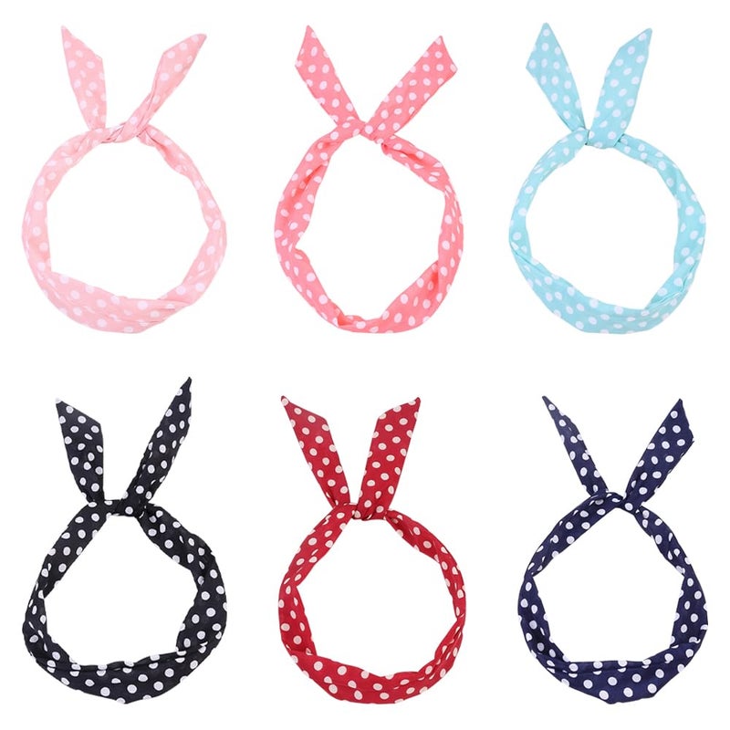 TRKETK 6 Pieces Polka Dot Headbands Rock 'n' Roll Polka Dot Christmas Headband Vintage Print Accessory Adjustable Hair Belt with Bow Tie for Girls and Women - Image 1