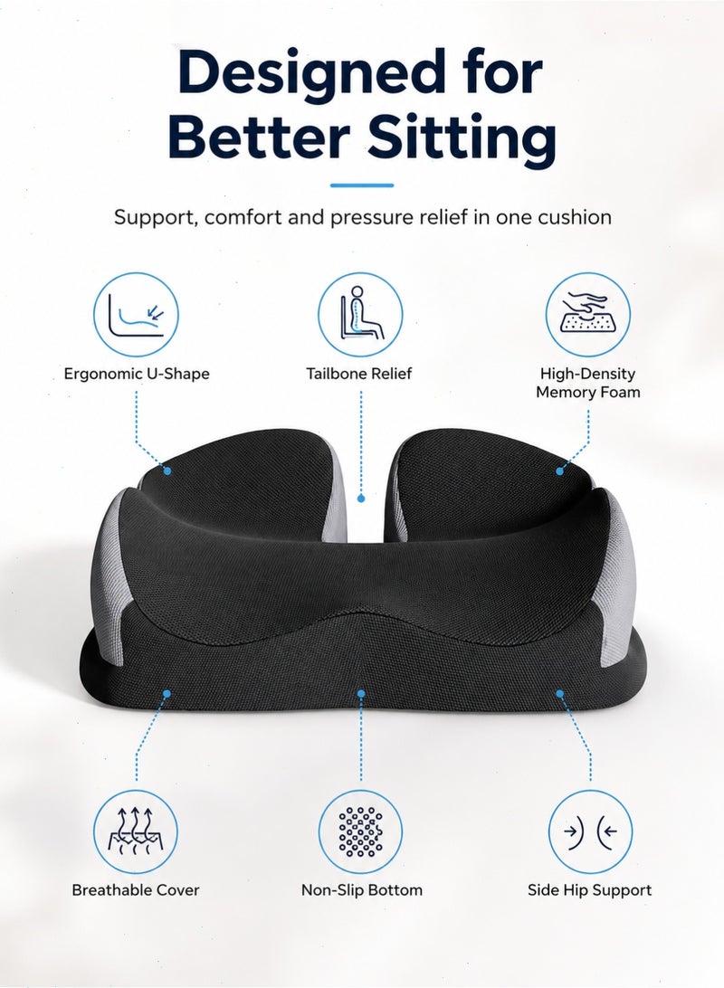 Memory Foam Seat Cushion for Office Chair, Ergonomic Coccyx Cushion with U-Shaped Cutout, Non-Slip Chair Pad for Car Seat, Home, Wheelchair and Long Sitting, 46 x 42 x 10 cm - Image 3