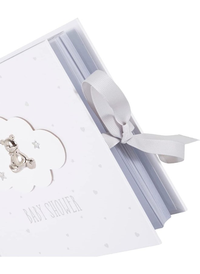 Happy Homewares Happy Homewares Beautiful Ivory White Baby Shower Photo Album with Silver Plated Teddy Bear and Stars | Holds 80 Photos | Luxurious Grey Fabric Ribbon  - Image 3