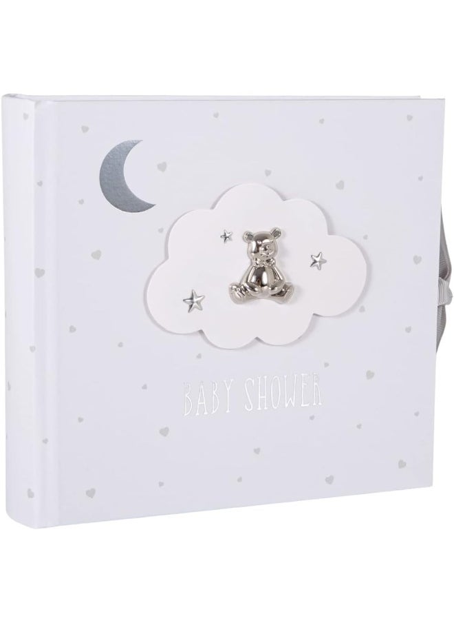 Happy Homewares Happy Homewares Beautiful Ivory White Baby Shower Photo Album with Silver Plated Teddy Bear and Stars | Holds 80 Photos | Luxurious Grey Fabric Ribbon  - Image 1