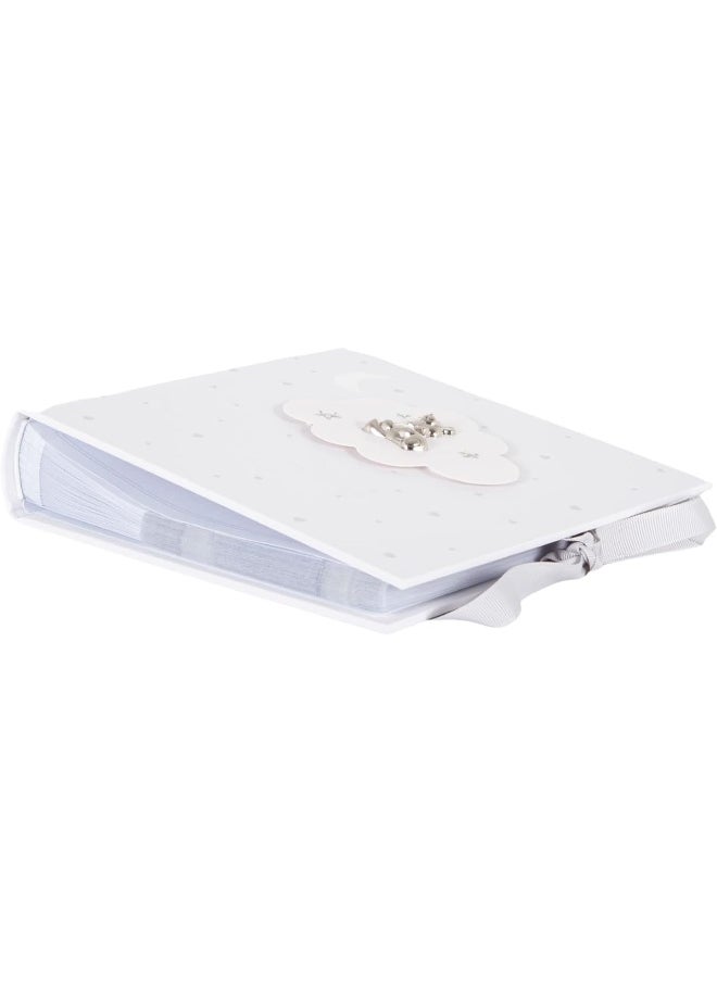 Happy Homewares Happy Homewares Beautiful Ivory White Baby Shower Photo Album with Silver Plated Teddy Bear and Stars | Holds 80 Photos | Luxurious Grey Fabric Ribbon  - Image 2