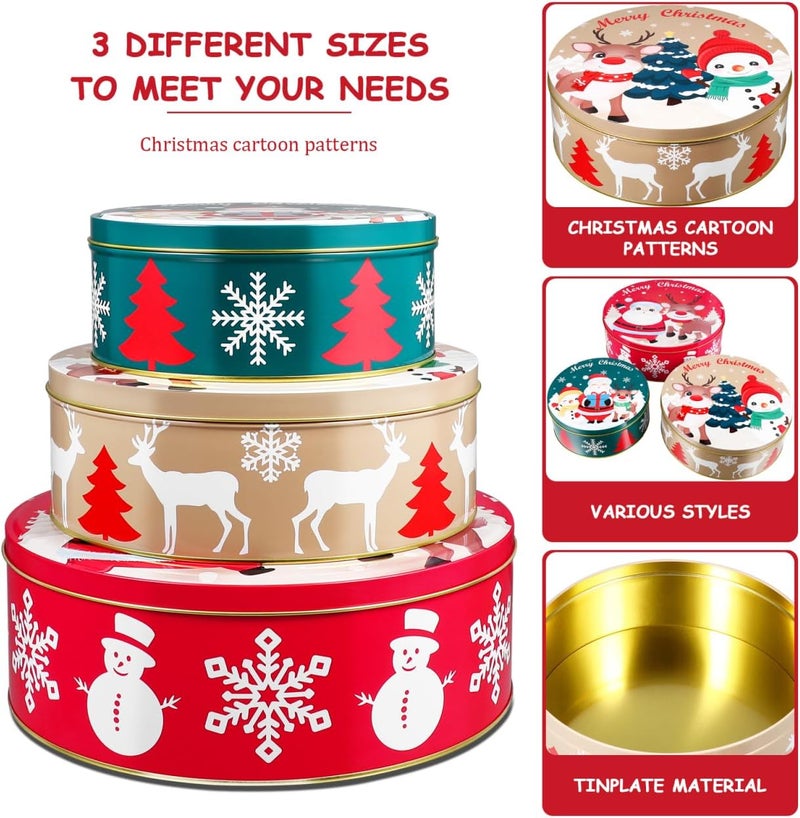 Hemoton Christmas Cookie Tins with Lids for Gift Giving, 3 Pack Round Christmas Tin Containers, Metal Nesting Containers for Holiday Use, Large Medium Small - Image 5