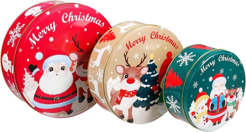 Hemoton Christmas Cookie Tins with Lids for Gift Giving, 3 Pack Round Christmas Tin Containers, Metal Nesting Containers for Holiday Use, Large Medium Small - Image 1