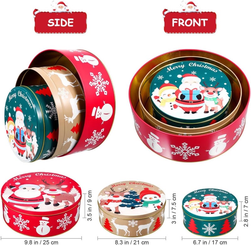 Hemoton Christmas Cookie Tins with Lids for Gift Giving, 3 Pack Round Christmas Tin Containers, Metal Nesting Containers for Holiday Use, Large Medium Small - Image 2