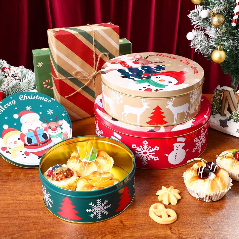 Hemoton Christmas Cookie Tins with Lids for Gift Giving, 3 Pack Round Christmas Tin Containers, Metal Nesting Containers for Holiday Use, Large Medium Small - Image 3