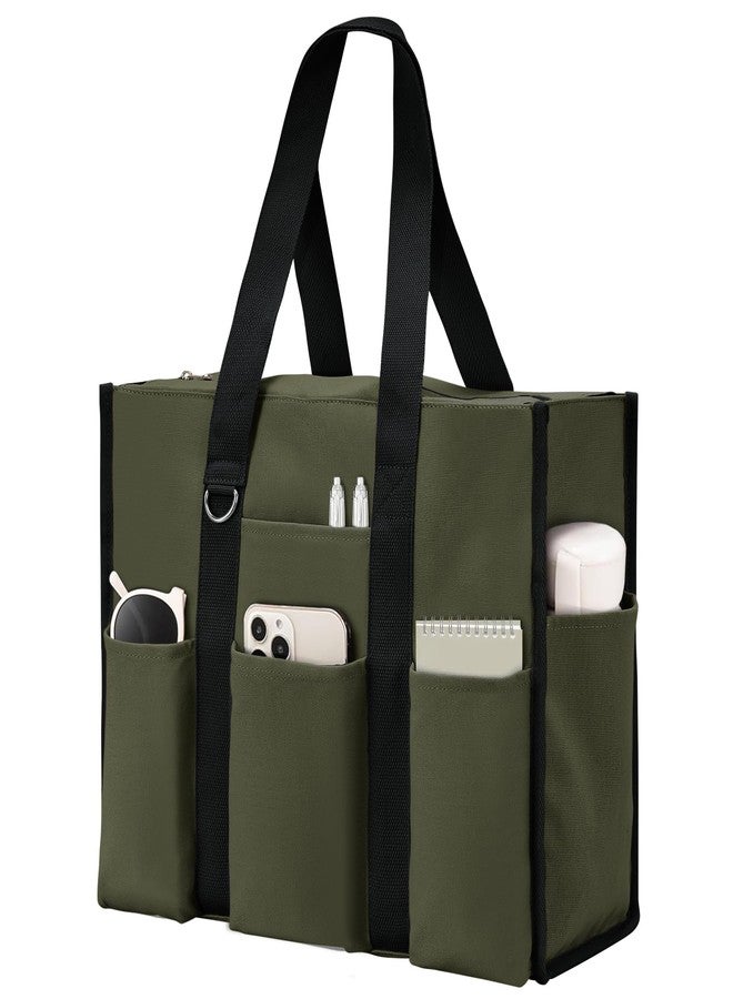 Becokan Large Tote Bag for Women Waterproof with 12 Pockets Top Zipper Closure Utility Teacher Nurse Bags for Work School, Army Green, Medium - Image 1