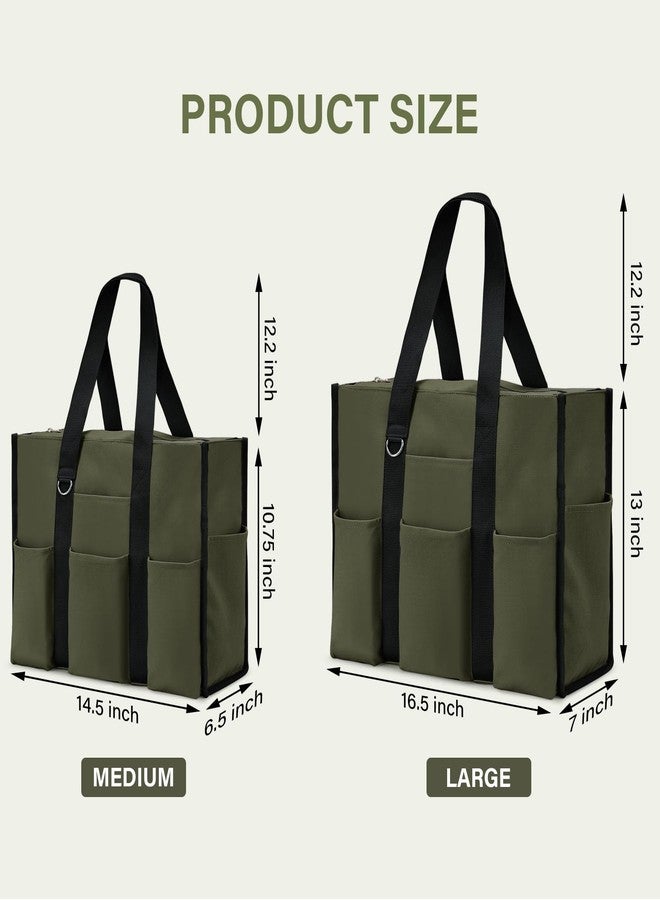 Becokan Large Tote Bag for Women Waterproof with 12 Pockets Top Zipper Closure Utility Teacher Nurse Bags for Work School, Army Green, Medium - Image 5