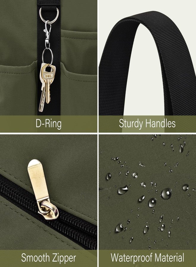 Becokan Large Tote Bag for Women Waterproof with 12 Pockets Top Zipper Closure Utility Teacher Nurse Bags for Work School, Army Green, Medium - Image 4