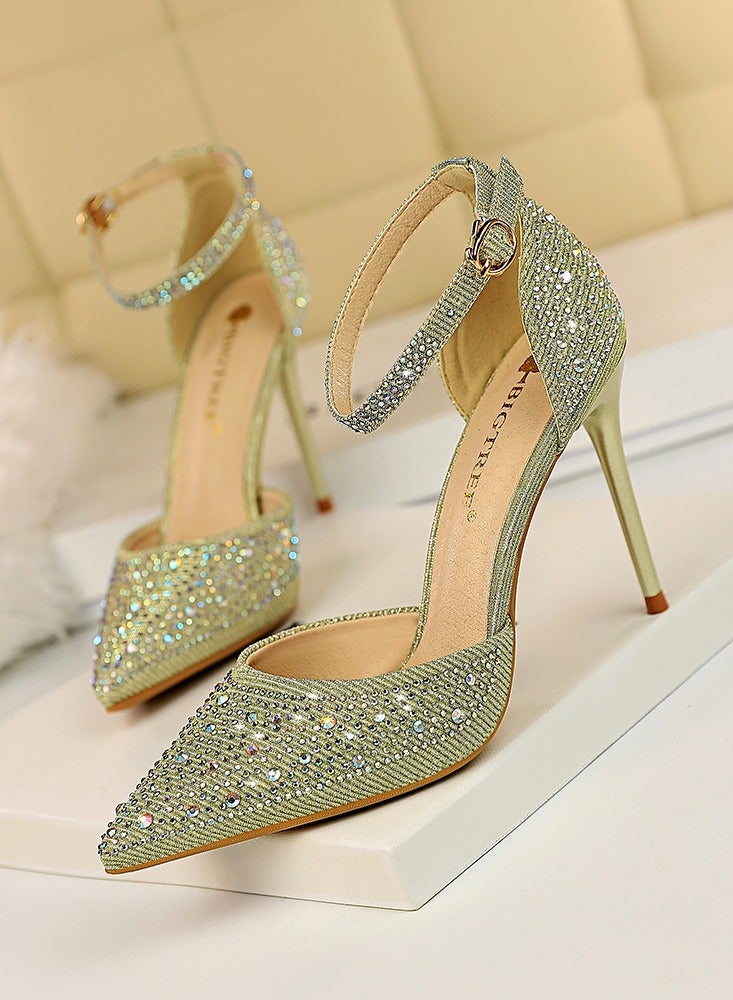 BIGTREE صندل نسائي بطول 10 سم مع أحجار الراين اللامعة وكعب عالٍ ونقاط قطع ضحلة باللون الأخضر - Image 1