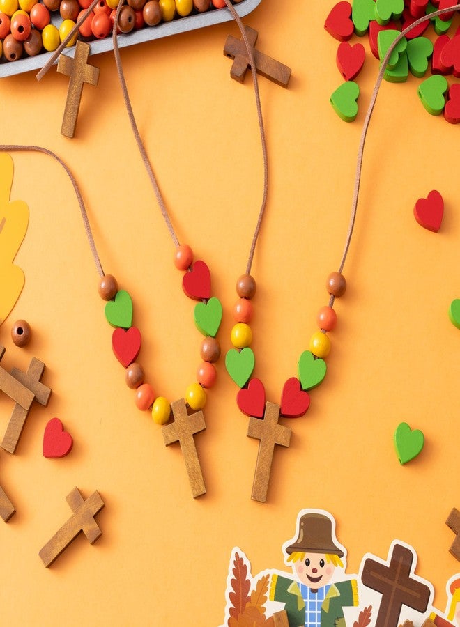 BeYumi Wooden Cross Necklace Craft - 24Pcs Fall Wooden Cross Beads Necklace Craft Kit for Kids DIY Thanksgiving Autumn Religious Thankful Art Decor Sunday School Classroom Christian Party Favors - Image 3