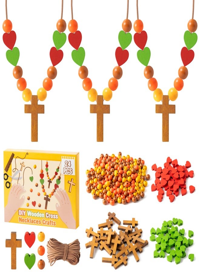 BeYumi Wooden Cross Necklace Craft - 24Pcs Fall Wooden Cross Beads Necklace Craft Kit for Kids DIY Thanksgiving Autumn Religious Thankful Art Decor Sunday School Classroom Christian Party Favors - Image 1