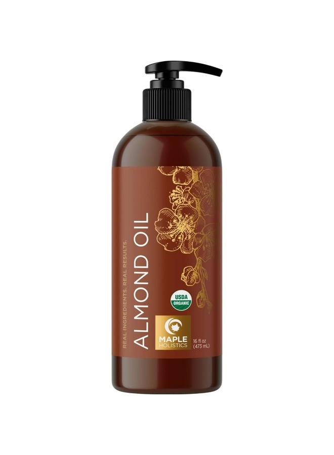 Maple Holistics زيت اللوز الحلو العضوي من وزارة الزراعة الأمريكية - زيت لوز عضوي نقي مضغوط على البارد للبشرة والشعر والأظافر - زيت جسم مرطب عضوي للنساء والرجال بالإضافة إلى زيت ناقل لخلط الزيوت الأساسية 16 أونصة - Image 1