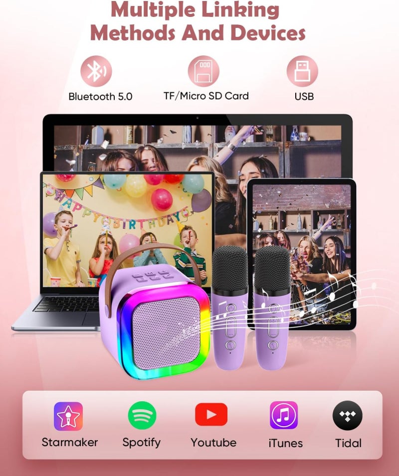 Karaoke Machine: Purple 2x Wireless Microphones - Multifunctional Design Supports BT 5.0 DSP Noise Reduction High-quality Sound Portable Karaoke Microphone for Adults Kids Home Entertainment - Image 4