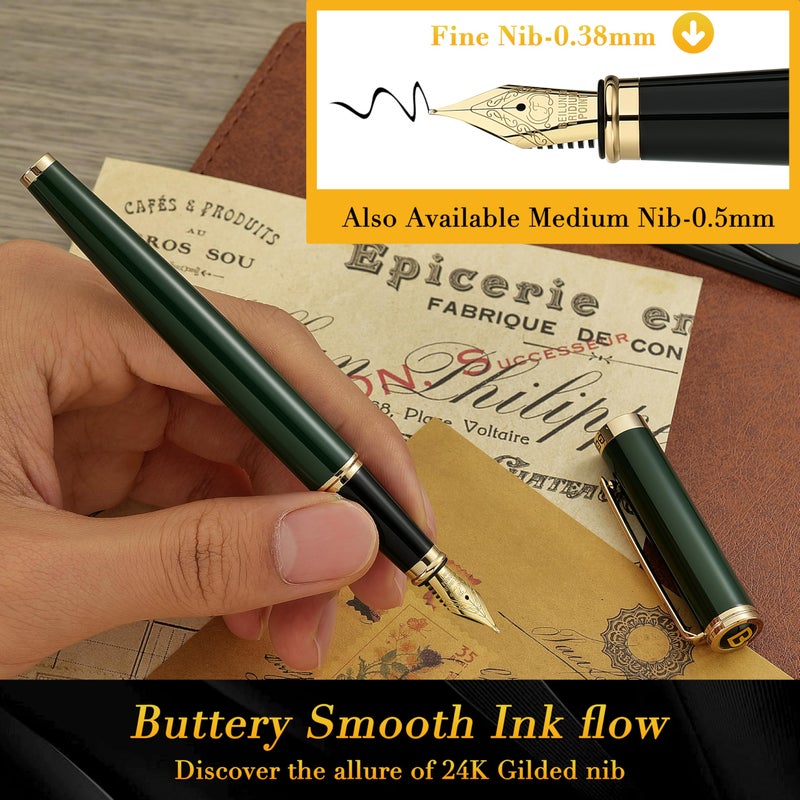 BEILUNER Racing Green Fountain Pen,Stunning Luxury Pens with 24K Gold Finish, Gorgeous 24K Gilded Nib(Fine), Trustworthy Gift for Men&Women -Ink Converter-Elegant, Graduation,Fancy Pen for Writing - Image 4