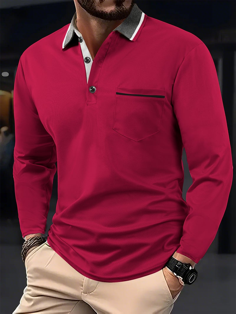 Men's Long Sleeve Polo Shirt Golf Top Turned Collar Casual Sportswear - Image 1