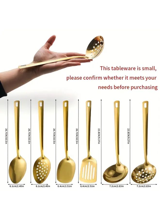 6 Piece Stainless Steel Kitchen Utensil Set Golden Spatula Slotted Spoon Ladle Skimmer Serving Spoon Dishwasher Safe - Image 3
