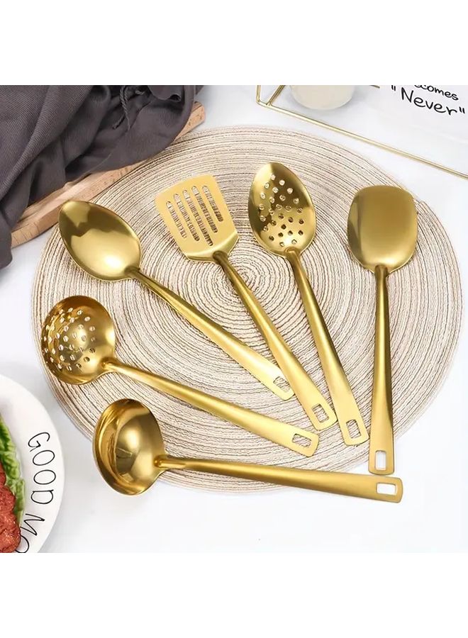 6 Piece Stainless Steel Kitchen Utensil Set Golden Spatula Slotted Spoon Ladle Skimmer Serving Spoon Dishwasher Safe - Image 2