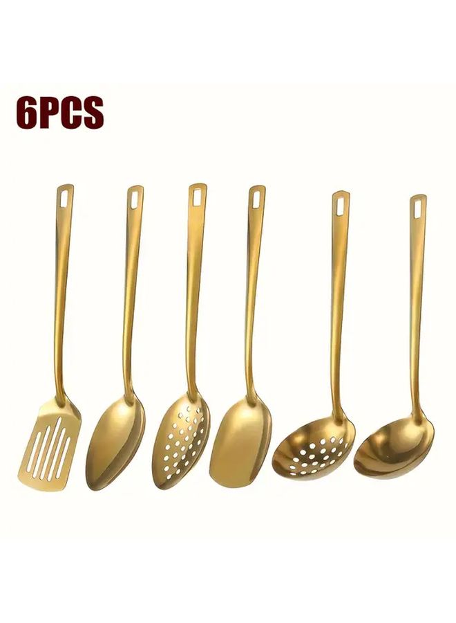 6 Piece Stainless Steel Kitchen Utensil Set Golden Spatula Slotted Spoon Ladle Skimmer Serving Spoon Dishwasher Safe - Image 1
