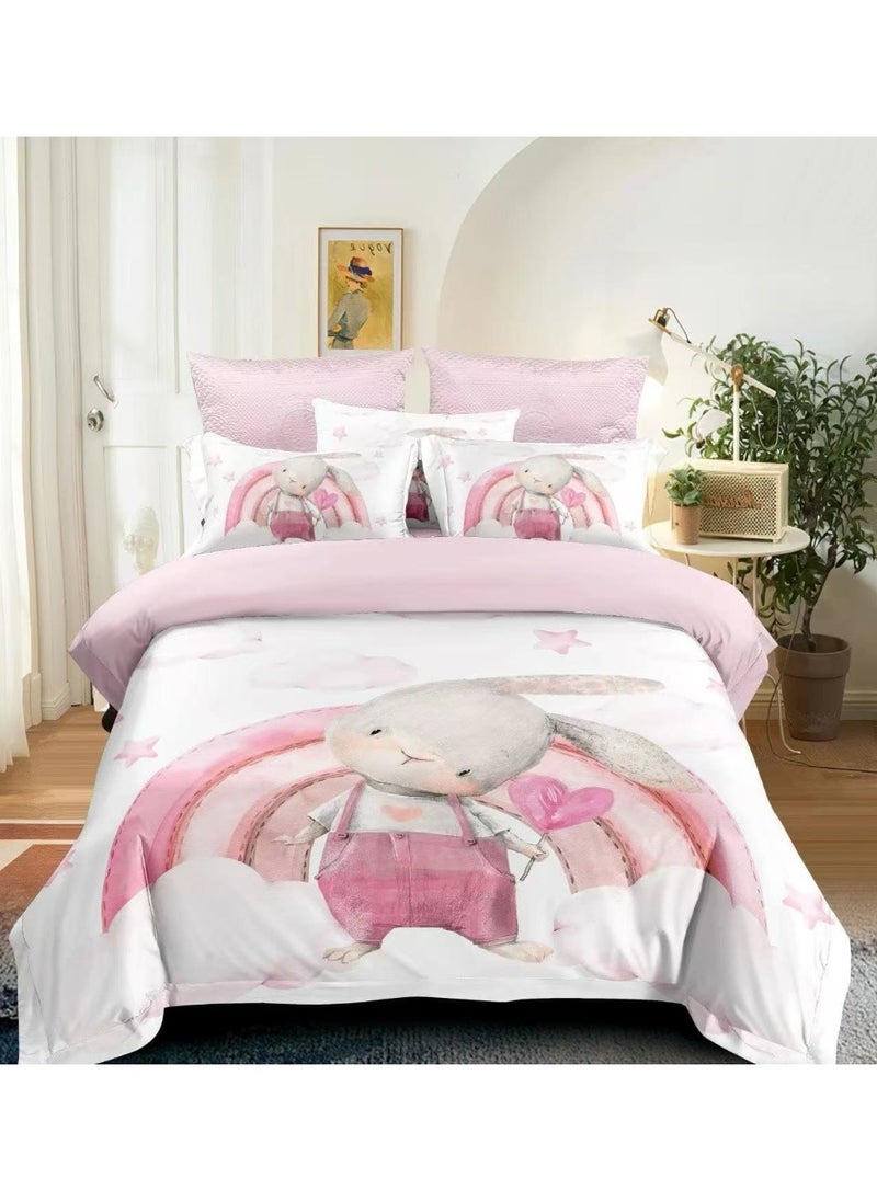 llwoo Single Size Bed Sheet Set with Duvet Cover, Fitted Sheet & 2 Pillowcases - Cute Bunny and Rainbow Bedding Set for Kids – Soft, Cozy and Stylish Bedroom Decor for Little Dreamers 