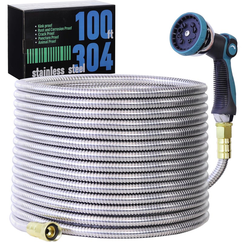 Numwot 100FT Garden Hose, 304 Stainless Steel Water Hose, Flexible with a 10-Mode Nozzle Sprayer, No Kink, Lightweight, Puncture Proof, Ideal for Yard, Lawn, Outdoor - Image 1