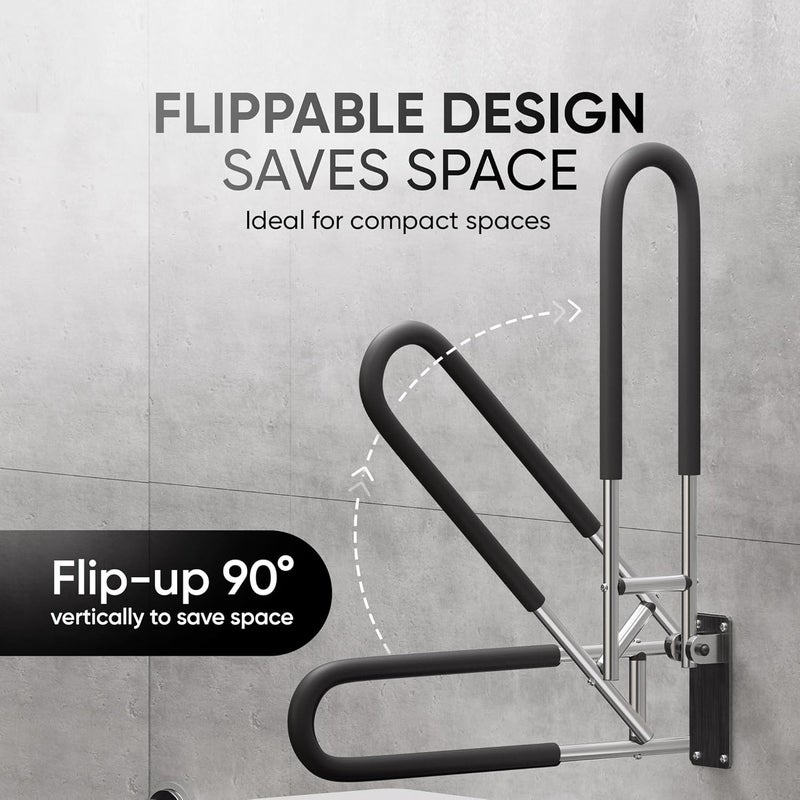 Frido Flip Up Grab Bar for Bathroom Safety | Space Saving Wall Mounted Support Handle for Senior Citizens | Stainless Steel Bathtub & Toilet Safety Rail |100kg Capacity, (Large) - Image 5