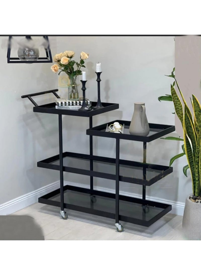 LINGWEI Premium Metal Serving Trolley With Glass Shelves Ideal For Kitchen Dining or Living Room Stylish Compact Lockable Casters  - Image 1