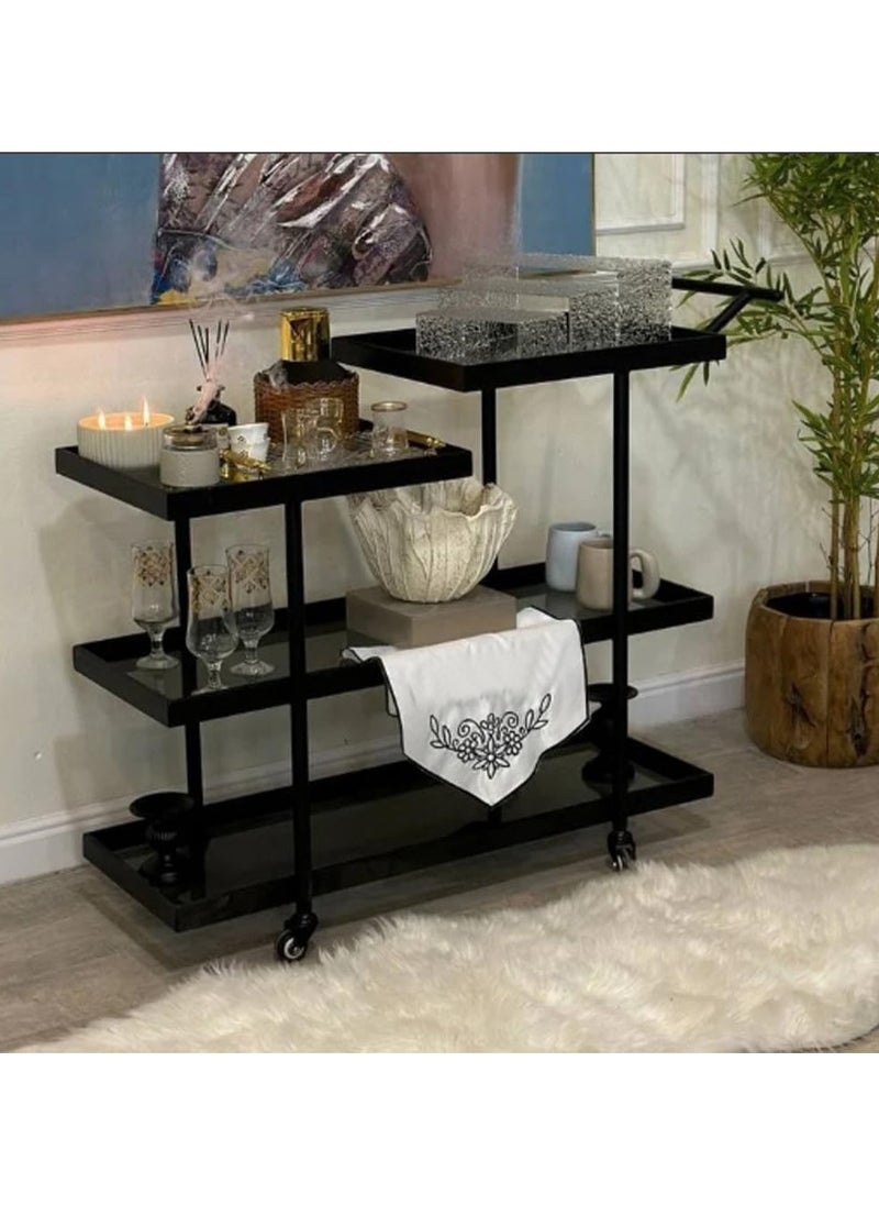 LINGWEI Premium Metal Serving Trolley With Glass Shelves Ideal For Kitchen Dining or Living Room Stylish Compact Lockable Casters  - Image 2