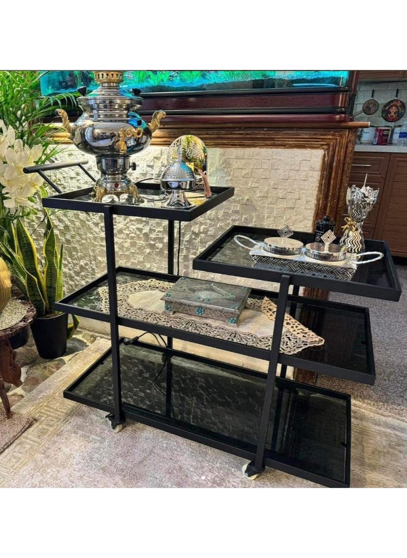 LINGWEI Premium Metal Serving Trolley With Glass Shelves Ideal For Kitchen Dining or Living Room Stylish Compact Lockable Casters  - Image 3