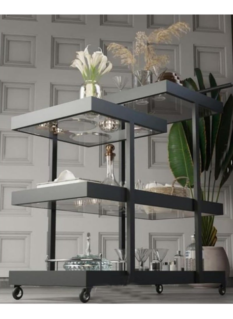 LINGWEI Premium Metal Serving Trolley With Glass Shelves Ideal For Kitchen Dining or Living Room Stylish Compact Lockable Casters  - Image 4