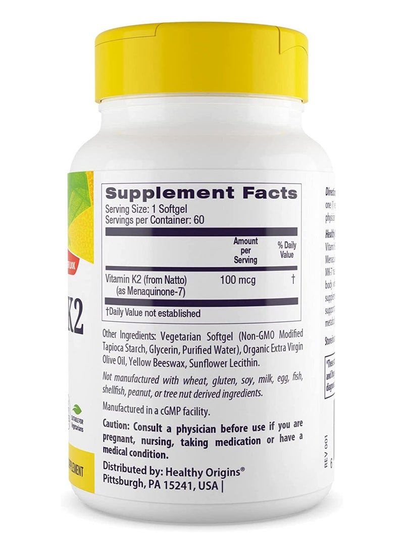Healthy Origins Vitamin K2 as MK7 Supports Bone & Cardiovascular Health 100mcg Dietary Supplement - 60 Veggie Softgels  - Image 2