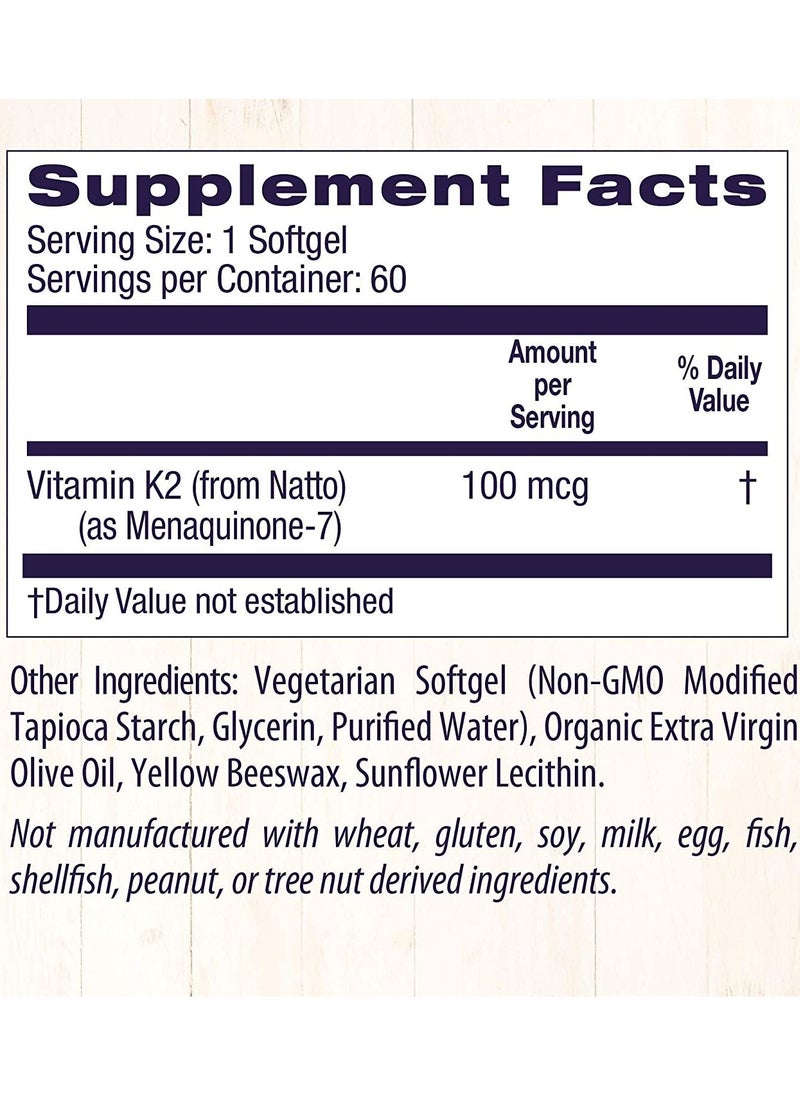 Healthy Origins Vitamin K2 as MK7 Supports Bone & Cardiovascular Health 100mcg Dietary Supplement - 60 Veggie Softgels  - Image 4