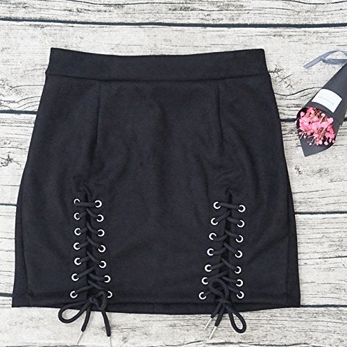 Meyeeka Women's High Waist Faux Suede Bodycon Pencil Lace Up Mini Skirt Black M - Image 5