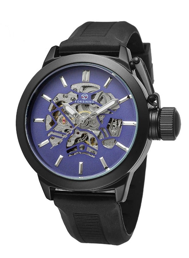 FORSINING ​​Forsining Men's Semi-Automatic Skeleton Watch - Blue Openworked Dial with Black Strap, Hand-Winding Mechanical Movement, Contemporary Casual Style for Daily Wear & Social Events​​  - Image 1