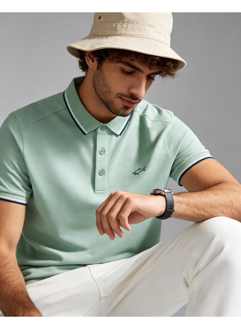 Paul & Shark Men Short Sleeve Casual Polo Shirt, Regular Fit Daily Business Casual Top - Mint Light Green - Image 4