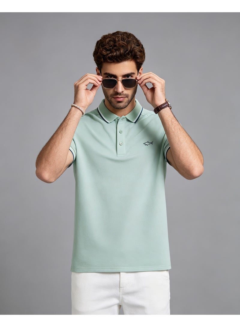 Paul & Shark Men Short Sleeve Casual Polo Shirt, Regular Fit Daily Business Casual Top - Mint Light Green - Image 5