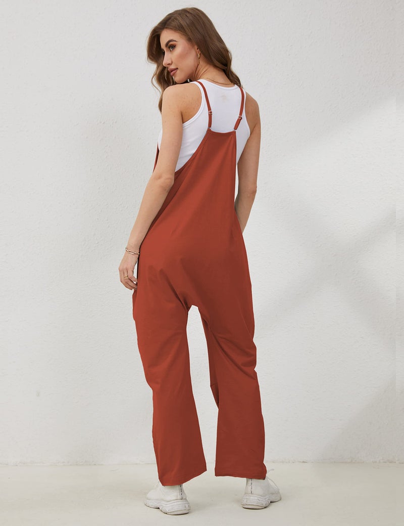 Lentta Women's Causal Jumpsuits V Neck Sleeveless Harem Overalls Stretchy Adjustable Strap Romper with Pockets(Rust-L) - Image 5
