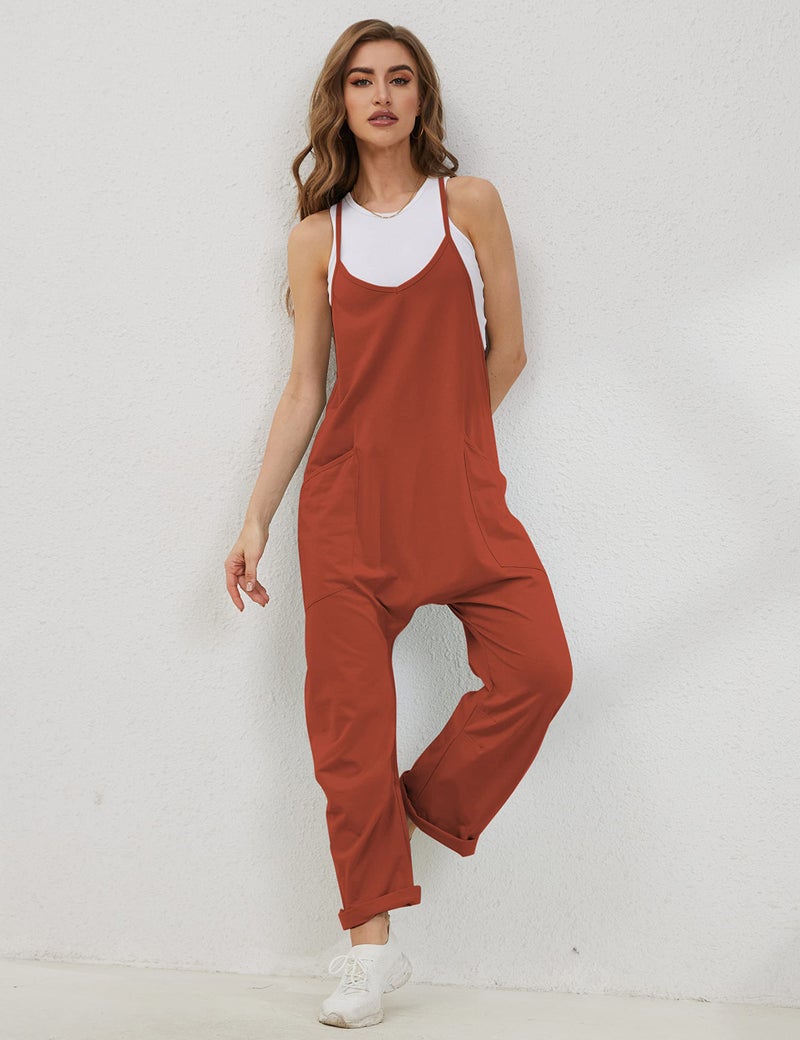 Lentta Women's Causal Jumpsuits V Neck Sleeveless Harem Overalls Stretchy Adjustable Strap Romper with Pockets(Rust-L) - Image 3