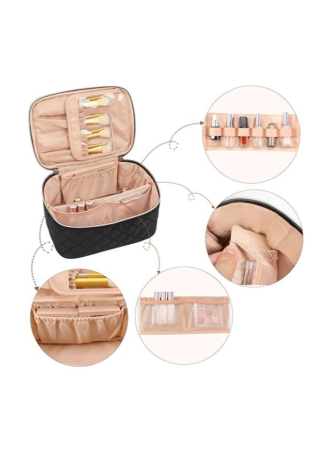 Soofam حقيبة مكياج، حقيبة تجميل محمولة، حقيبة مكياج سفر بسعة كبيرة، حقائب مكياج سوداء للنساء، حقيبة مستحضرات تجميل للفتيات المسافرات مع مقبض وقسم باللون الأسود - Image 5