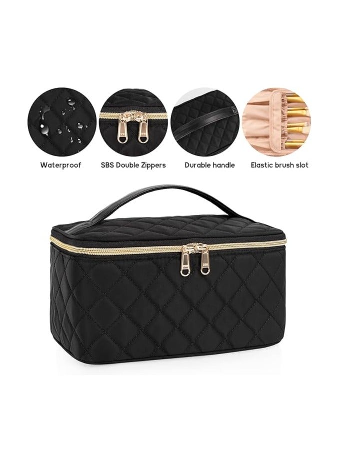 Soofam حقيبة مكياج، حقيبة تجميل محمولة، حقيبة مكياج سفر بسعة كبيرة، حقائب مكياج سوداء للنساء، حقيبة مستحضرات تجميل للفتيات المسافرات مع مقبض وقسم باللون الأسود - Image 1