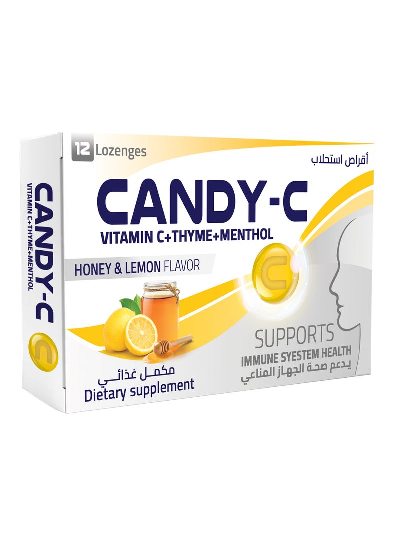 Candy - C Candy-C Honey & Lemon Lozenges - Vitamin C, Thyme & Menthol for Cough, Flu, & Immune Support - 12 Lozenges 
