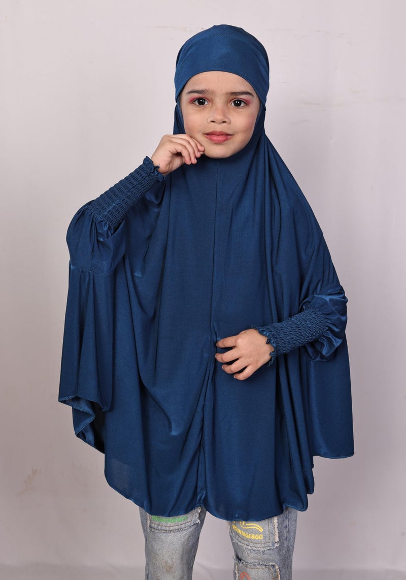 ICW Girls' Prayer Polyknit Jersey Islamic Long-Sleeves with Smocking Jilbab Khimar MakhanaHijab For Kids (Peacock, 3-7 Years (36 inch Lenght)) - Image 3