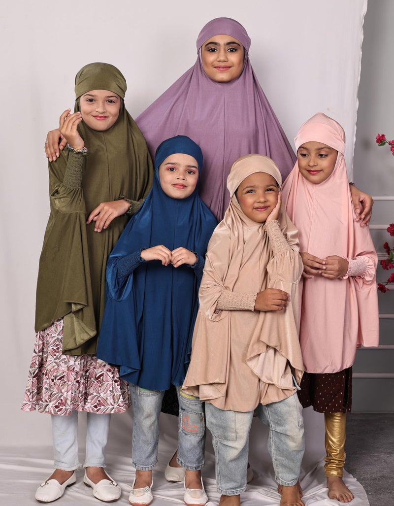 ICW Girls' Prayer Polyknit Jersey Islamic Long-Sleeves with Smocking Jilbab Khimar MakhanaHijab For Kids (Peacock, 3-7 Years (36 inch Lenght)) - Image 5
